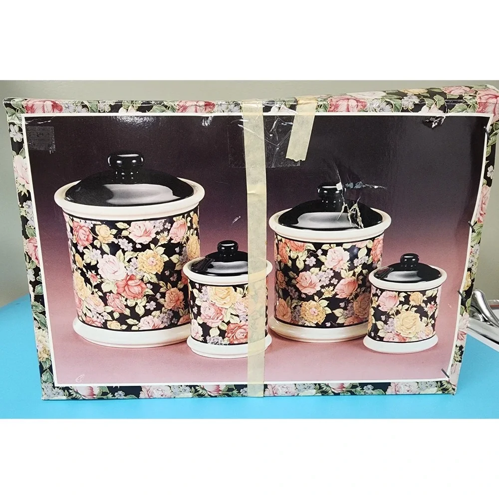 Jay Imports Co. Victorian Chintz Stoneware  4 Canister's with  lids  NIB